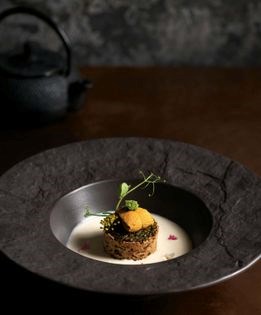 Fennel-cockle velouté with blue shrimp tartare