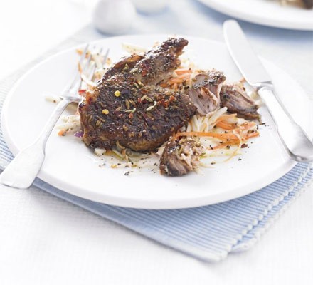 Fennel-crusted pork chops with celeriac slaw
