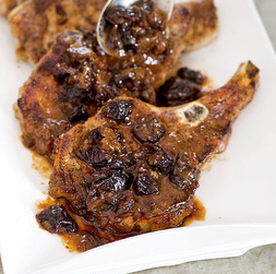 Fennel-crusted pork chops with prune compote