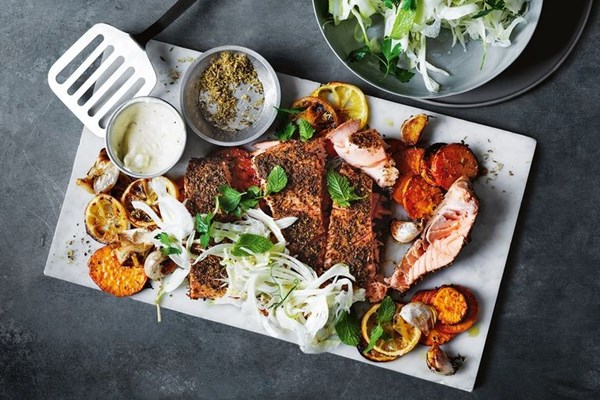 Fennel-crusted salmon with lemon crème fraîche 