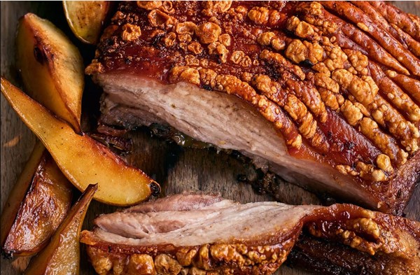 Fennel-dusted pork belly with perry & pears