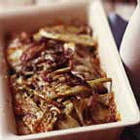 Fennel gratin with watercress, pear and chicory salad