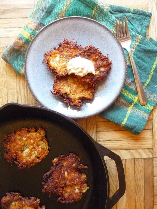 Fennel-lemon latkes with toasted caraway sour cream