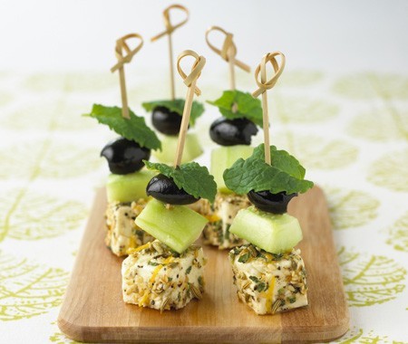 Fennel marinated feta and olive skewers