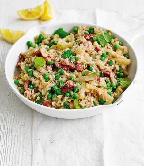 Fennel, pea and bacon risotto