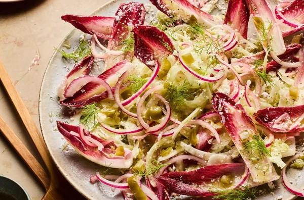 Fennel, pickled onion & coconut salad with jalapeño and curry leaf salt dressing