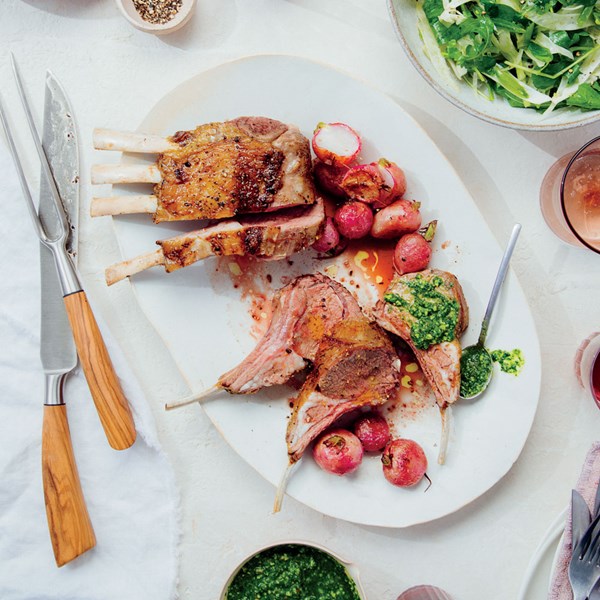 Fennel pollen-roasted rack of lamb with radish leaf pesto