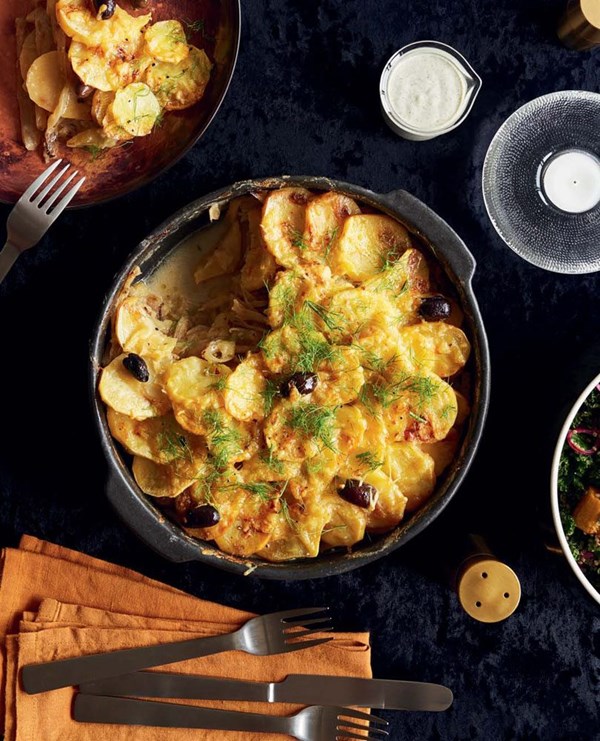 Fennel, potato & olive gratin