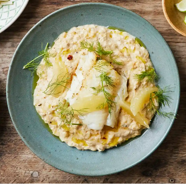 Fennel risotto with lemon and cod