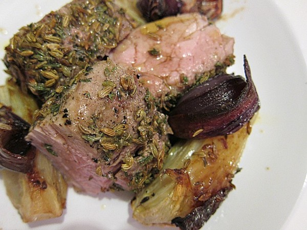 Fennel-roasted pork tenderloin with sweet onions