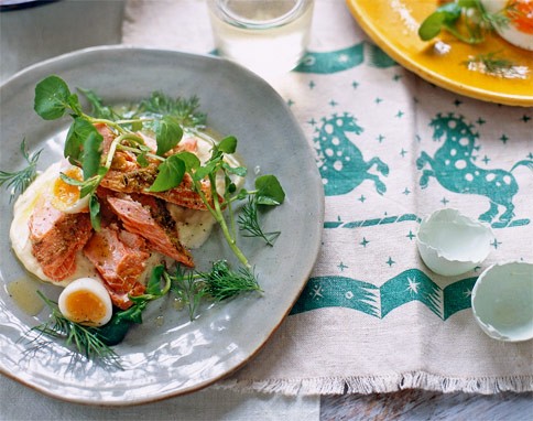 Fennel-roasted salmon with soft-boiled eggs