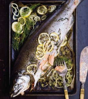 Fennel-roasted whole salmon