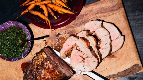Fennel-rubbed leg of lamb with carrots and salsa verde