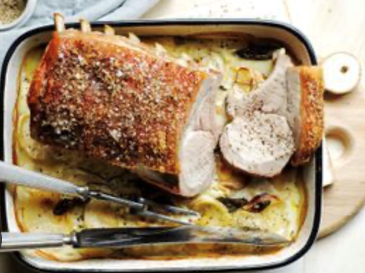 Fennel-rubbed pork rack, celeriac and almond gratin