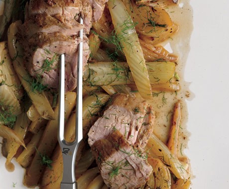 Fennel-rubbed pork tenderloin with roasted fennel wedges