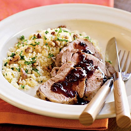 Fennel-rubbed pork with shallot-pomegranate reduction