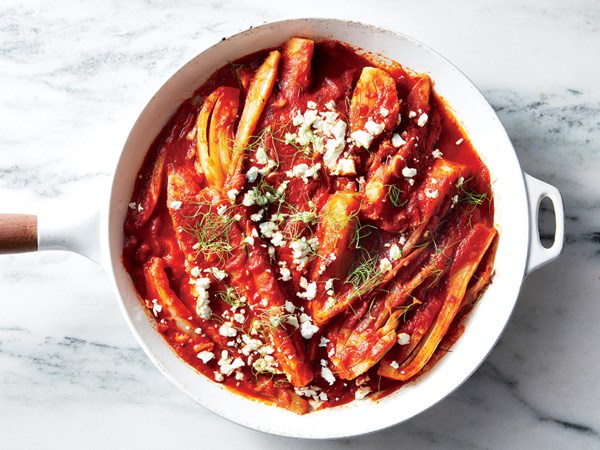 Fennel, tomato, and feta skillet bake