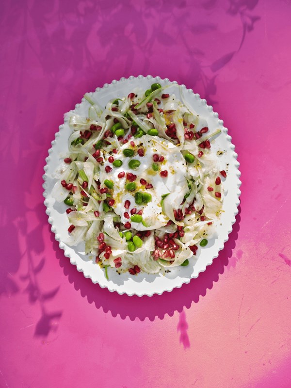 Fennel with burrata, broad beans & pomegranate