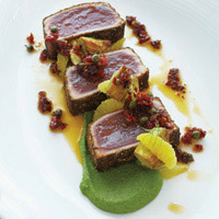 Fennel/pepper crusted yellowfin tuna with artichokes, fennel & citrus olive oil