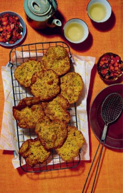 Fenugreek crackers and makrut lime salsa