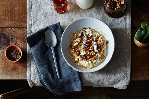 Fermented oatmeal with hazelnuts, figs, honey, black pepper, and buttermilk