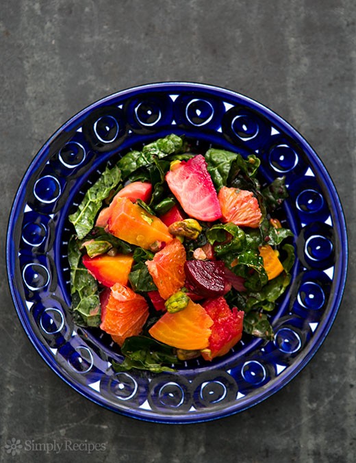 Festive beet citrus salad with kale and pistachios
