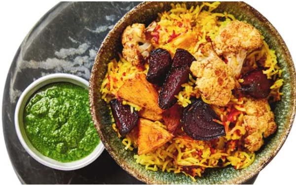 Festive pilau with beetroot, cauliflower and coriander chutney