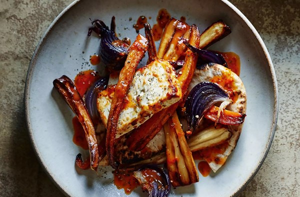 Feta & roasted roots with chilli, orange & cumin butter