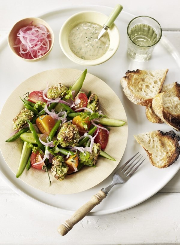 Feta and pea falafel salad with tahini dressing