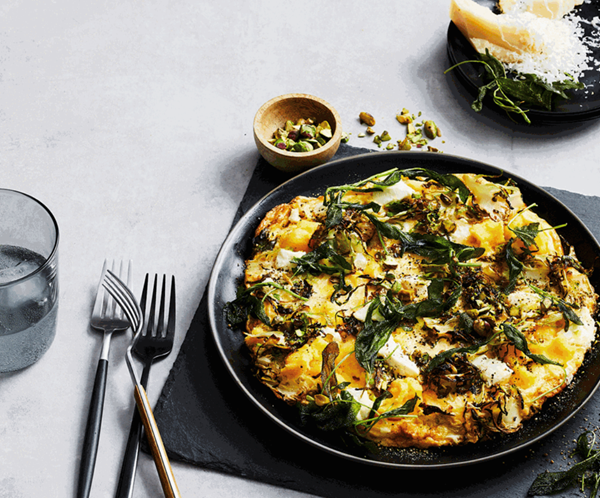 Feta and polenta frittata with crisp Brussels sprouts