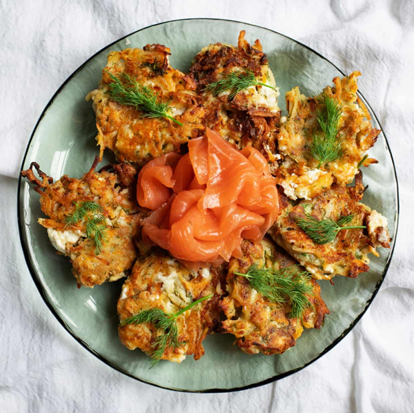 Feta and potato pancakes with smoked salmon