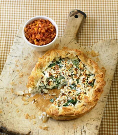 Feta and spinach free-form pie with tomato relish