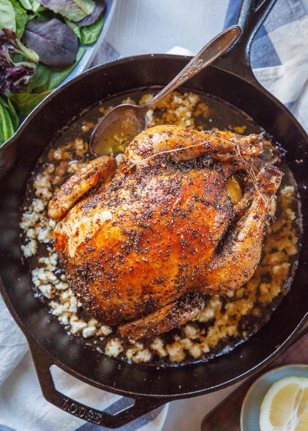 Feta-brined roast chicken