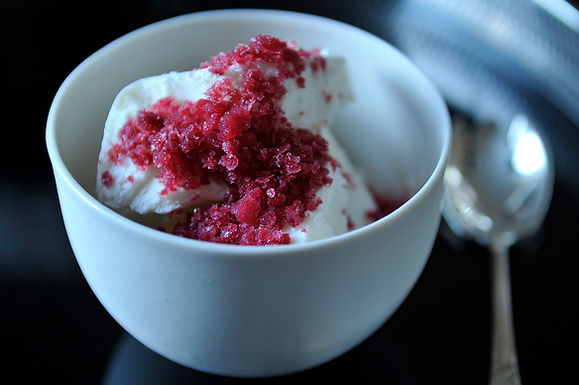 Feta frozen yogurt with blood orange and mint granita