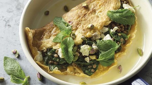 Feta, mint, lentil and pistachio omelettes