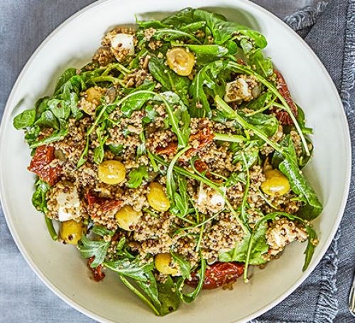 Feta, olive and preserved lemon grain salad