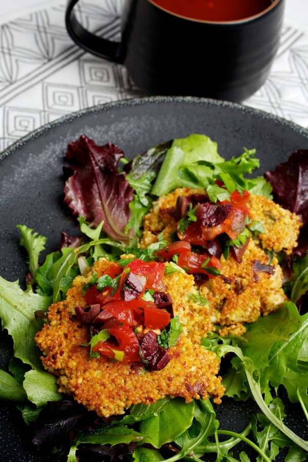 Feta-scallion couscous cakes with tomato-olive salad