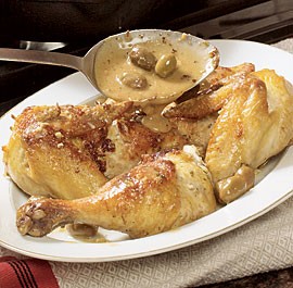 Feta-stuffed chicken braised with green olives