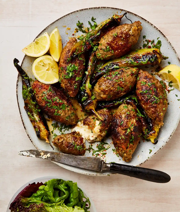 Feta-stuffed koftas with grilled peppers