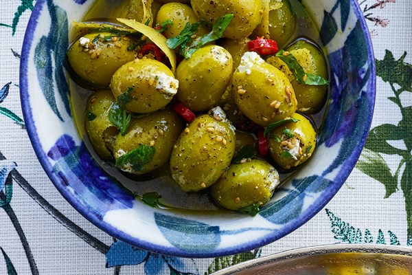 Feta-stuffed marinated olives
