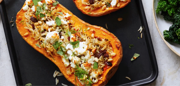 Feta-stuffed squash with lemon and oregano rice