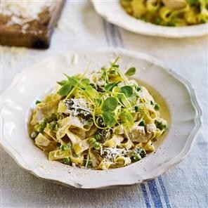 Fettuccine Alfredo with blue cheese, artichokes, asparagus and peas