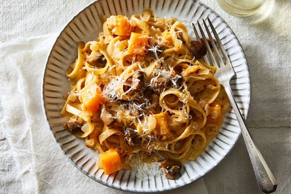  Fettuccine Alfredo with butternut squash & mushrooms 