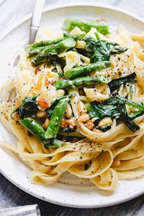 Fettuccine with asparagus and brown buttered pine nuts