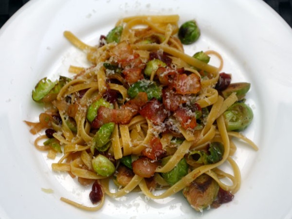 Fettuccine with Brussels sprouts, cranberries, and caramelized onions