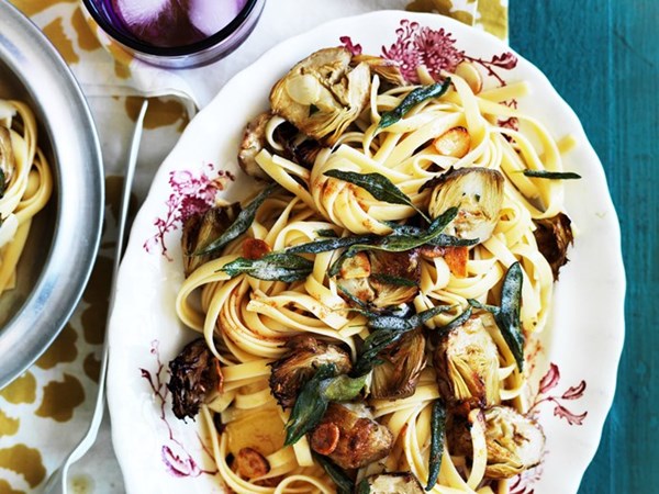 Fettuccine with burnt sage butter, roasted artichokes & garlic