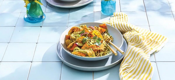 Fettuccine with cilantro-spinach pesto and carrot ribbons 