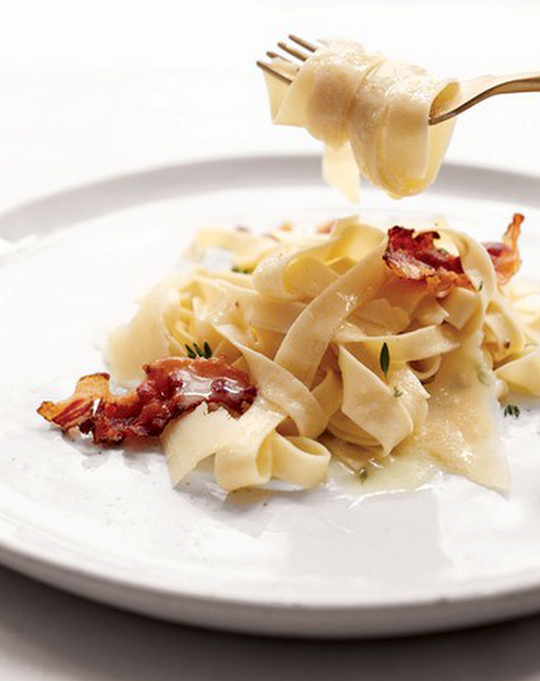 Fettuccine with crispy guanciale, white truffle butter, thyme, and pecorino