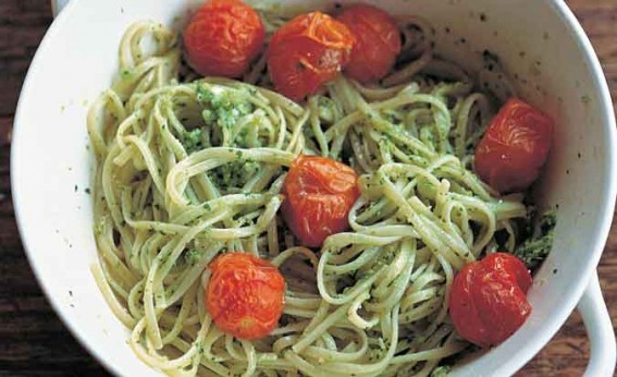 Fettuccine with goat cheese pesto and toasted tomatoes
