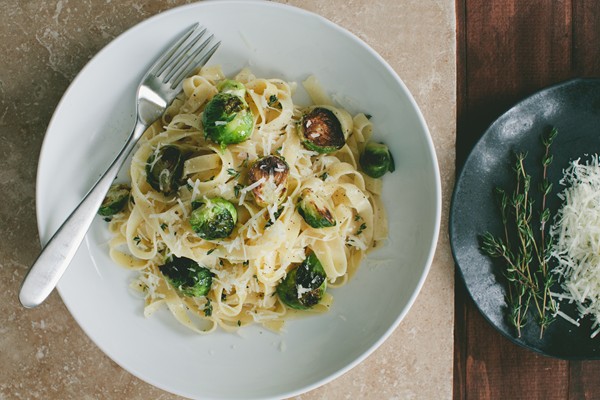 Fettuccine with grapefruit sauce, Brussels sprouts & Manchego